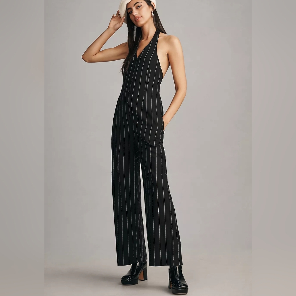 Anthropologie Little Lies Pinstripe Halter Neck Jumpsuit Black White